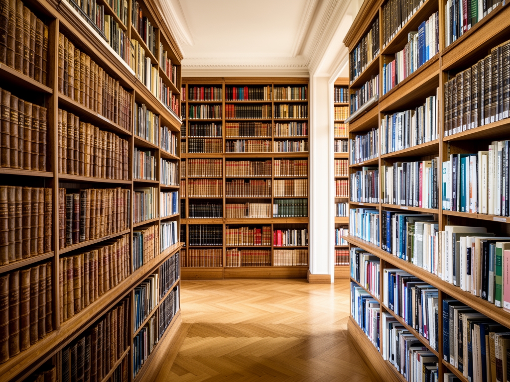 Bibliothèque de recherche scientifique avec des étagères de livres anciens et modernes, lumière d'étude chaude, atmosphère studieuse et académique