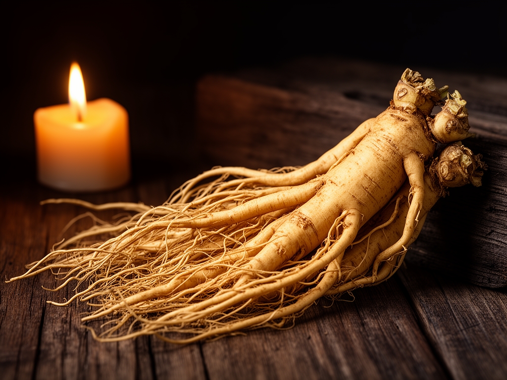 Racines de ginseng entières sur fond de bois sombre, texture fibreuse visible, éclairage à la bougie chaud et dramatique