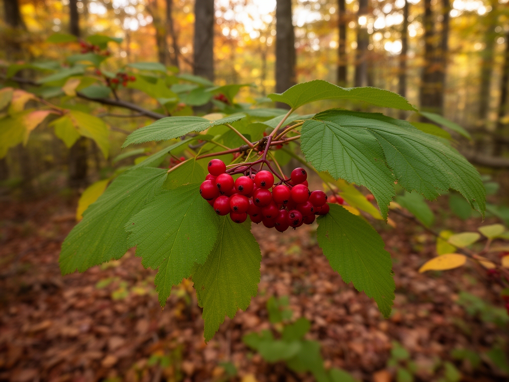 Baies rouges sauvages sur des branches avec feuilles vertes en forêt automnale, lumière diffuse et profondeur naturelle