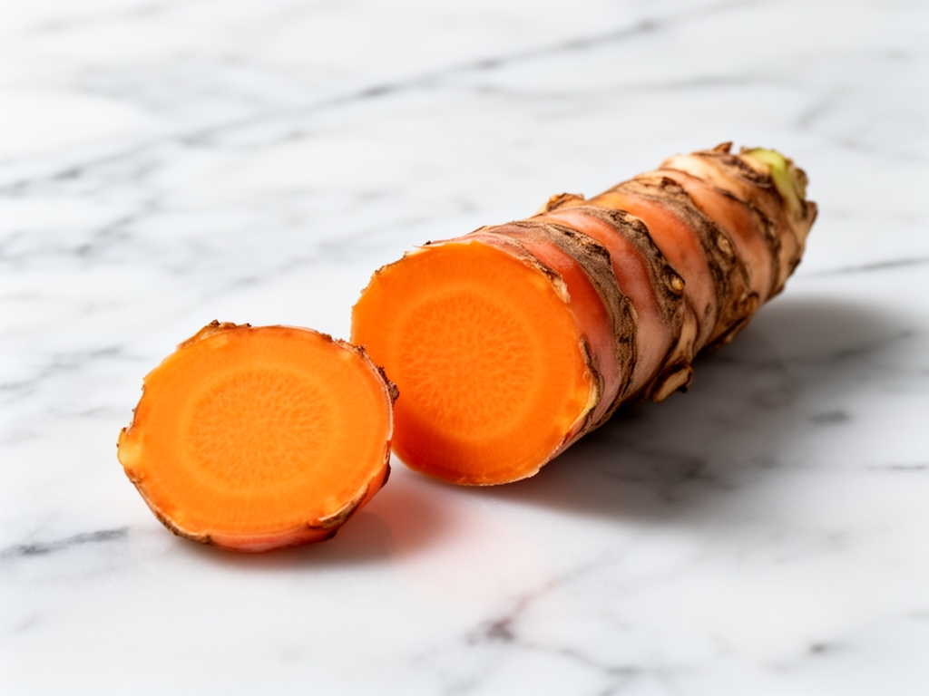 Curcuma frais coupé avec sa couleur orange vif contrastant avec la surface en marbre blanc, composition minimaliste