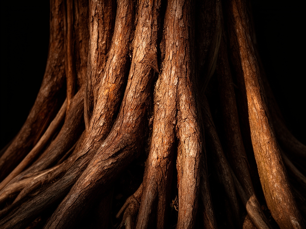 Racines et écorces naturelles brunes sur fond sombre avec textures rugueuses, lumière latérale dramatique révélant les détails de la matière